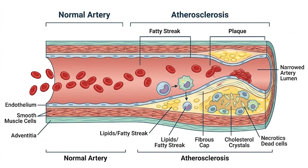 Medical illustration comparing a normal, healthy artery to an artery narrowed by plaque buildup.